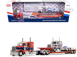 Peterbilt 589 with 44 Flat Top Sleeper Red with Blue Stripes and Fontaine Renegade LXT40 Lowboy Trailer with Peterbilt 359 Load White with Blue and Red Stripes America 250 1/64 Diecast Model DCP/First Gear 69-2348