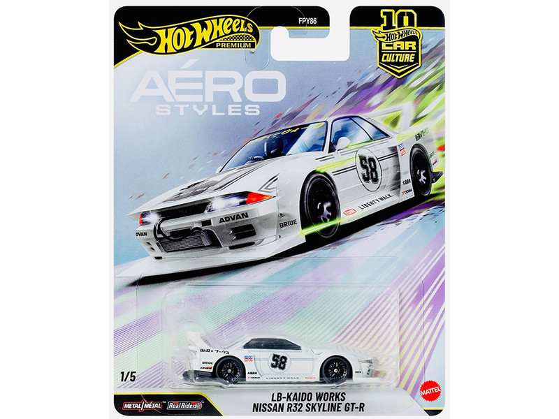 Nissan Skyline GT R R32 LB Kaido Works RHD Right Hand Drive #58 White with Gray Stripes Aero Styles Series Diecast Model Car Hot Wheels JKF05