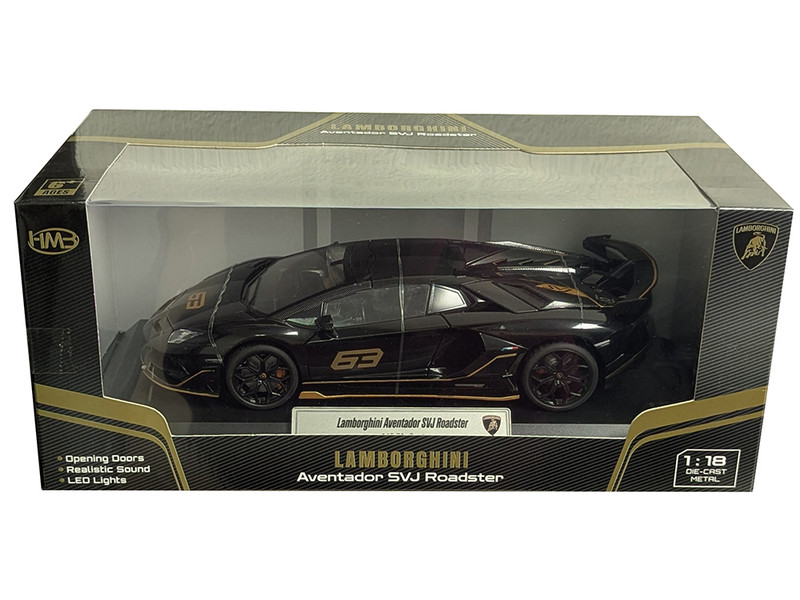 Lamborghini Aventador SVJ Roadster Black with Carbon Top and Gold Accents 1/18 Diecast Model Car Heimanba H1102BK
