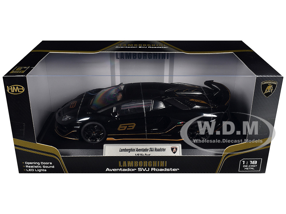Lamborghini Aventador SVJ Roadster Black with Carbon Top and Gold Accents 1/18 Diecast Model Car by Heimanba