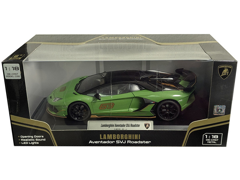Lamborghini Aventador SVJ Roadster Green Metallic with Carbon Top and Gold Accents 1/18 Diecast Model Car Heimanba H1102GRN