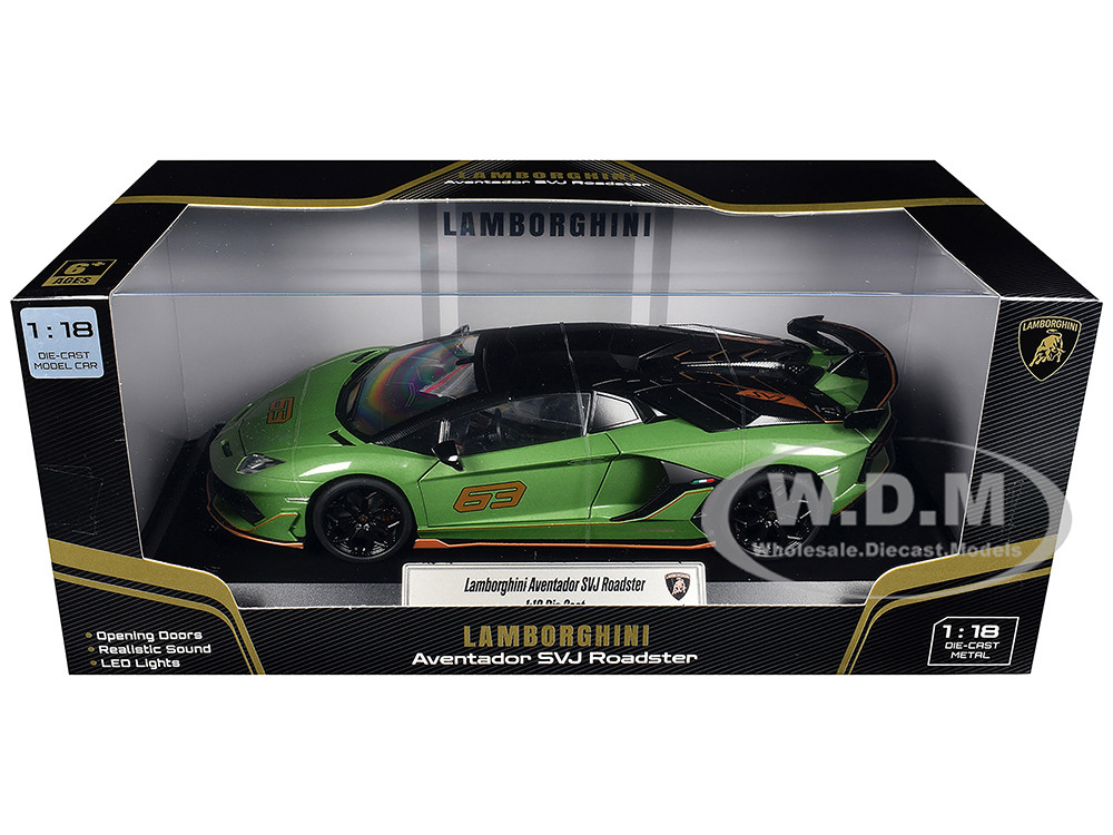 Lamborghini Aventador SVJ Roadster Green Metallic with Carbon Top and Gold Accents 1/18 Diecast Model Car by Heimanba