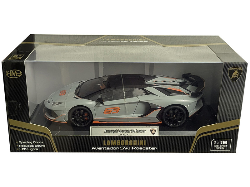 Lamborghini Aventador SVJ Roadster Matt Gray with Carbon Top and Orange Accents 1/18 Diecast Model Car Heimanba H1102GRY