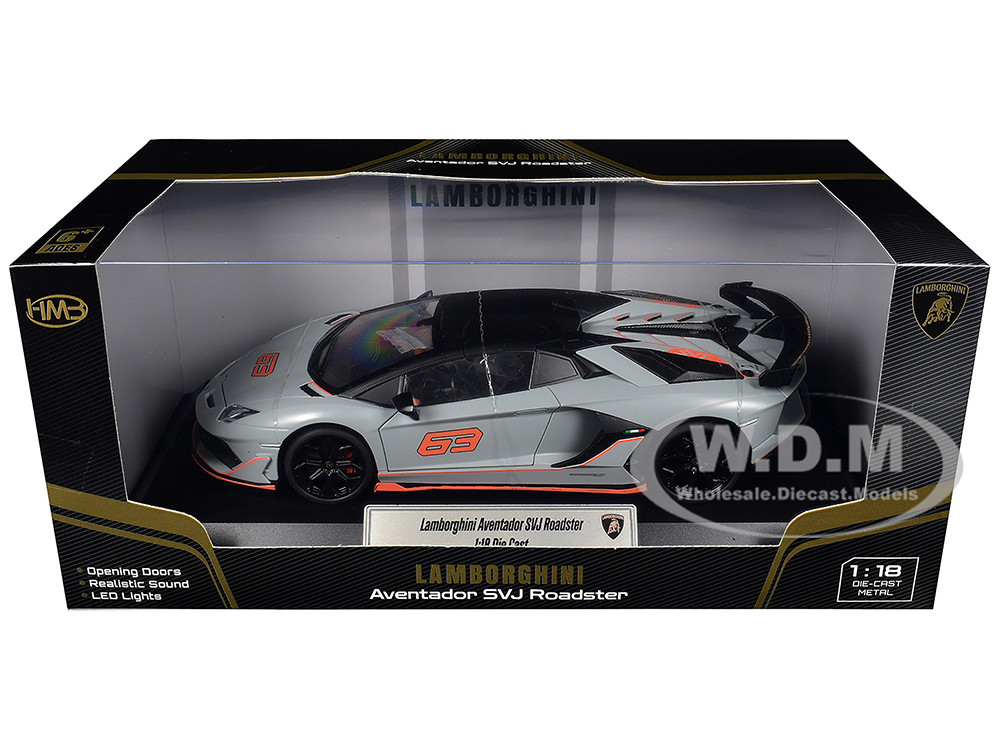 Lamborghini Aventador SVJ Roadster Matt Gray with Carbon Top and Orange Accents 1/18 Diecast Model Car by Heimanba