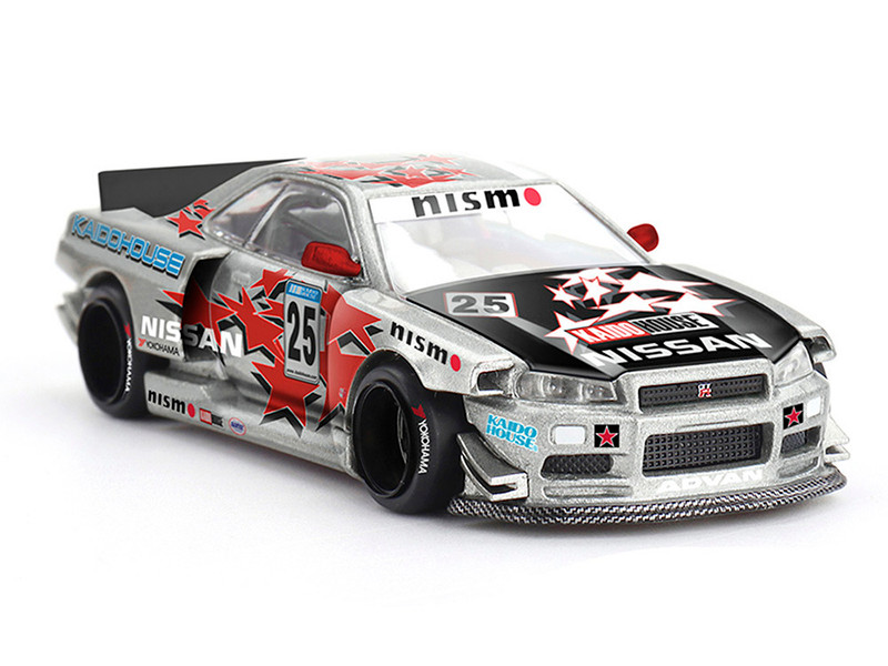 Nissan Skyline GT R R34 Kaido Star Racing V1 RHD Right Hand Drive #25 Gray Metallic with Black Hood and Graphics Designed by Jun Imai Kaido House Special 1/64 Diecast Model Car Mini GT KHMG197