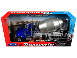Peterbilt 379 Cement Mixer Blue Metallic with Chrome and Silver Mixer Transporter Series 1/32 Diecast Model Welly 39943W-BL