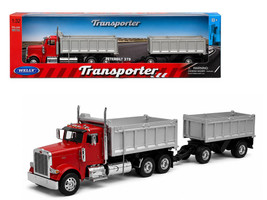 Peterbilt 379 Dump Truck Red with Gray Double Dump Trailer Transporter Series 1/32 Diecast Model Welly 39944-2GRD