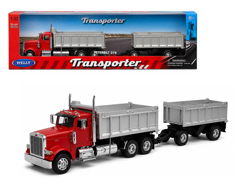 Peterbilt 379 Dump Truck Red with Gray Double Dump Trailer Transporter Series 1/32 Diecast Model Welly 39944-2GRD