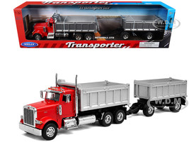 Peterbilt 379 Dump Truck Red with Gray Double Dump Trailer Transporter Series 1/32 Diecast Model Welly 39944-2GRD