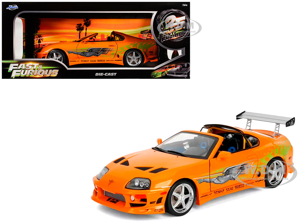 1993 Toyota Supra Orange with Graphics "The Fast and the Furious" (2001) Movie "25 Years of Fast & Furious" Series 1/18 Diecast Model Car by Jada