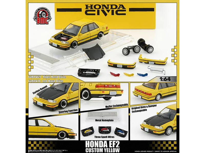 Honda Civic EF2 Custom Yellow with Alternate Parts 1/64 Diecast Model Car BM Creations 64B0470