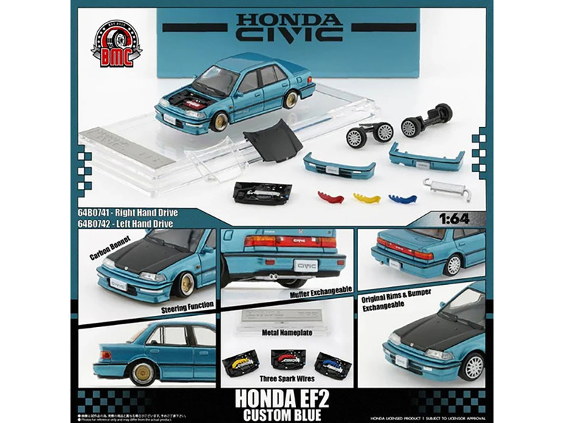 Honda Civic EF2 Custom Blue Metallic with Alternate Parts 1/64 Diecast Model Car BM Creations 64B0472
