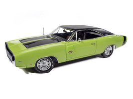 1970 Dodge Charger R T Muscle Car & Corvette Nationals MCACN Sublime Green with Black Stripes and Black Vinyl Top American Muscle Series 1/18 Diecast Model Car Auto World AMM1357