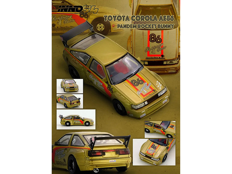 Toyota Levin AE86 RHD Right Hand Drive #86 Pandem Rocket Bunny Gold Metallic with Stripes 1/64 Diecast Model Car Inno Models IN64-AE86P-GLD