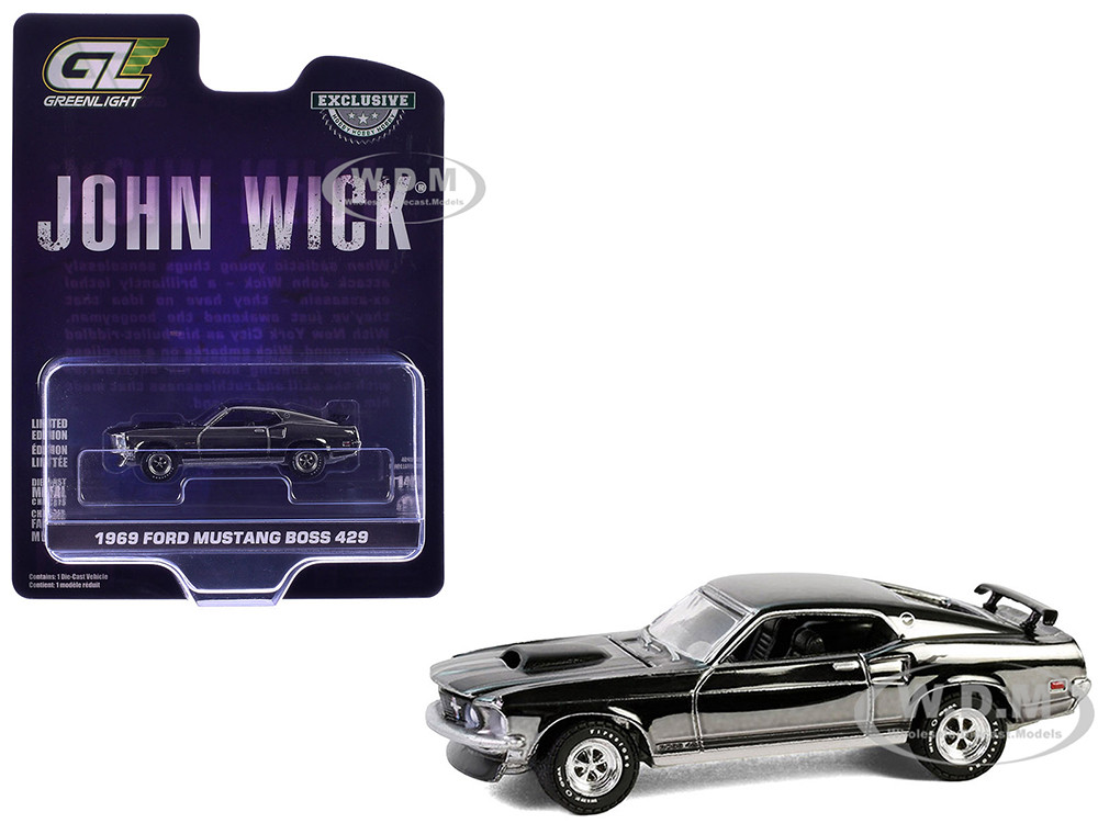 1969 Ford Mustang Boss 429 Silver Chrome Edition with Black Stripes "John Wick" (2014) Movie "Hobby Exclusive" Series 1/64 Diecast Model Car by Greenl