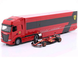 Iveco S Way 570 Car Transporter Red and Ferrari SF 24 #16 Charles Leclerc Formula One F1 World Championship 2024 Racing Hauler Series 1/43 Diecast Model Car Bburago 36867CL