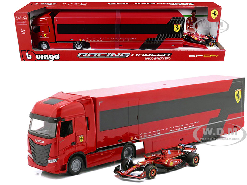 Iveco S Way 570 Car Transporter Red and Ferrari SF 24 #16 Charles Leclerc Formula One F1 World Championship 2024 Racing Hauler Series 1/43 Diecast Model Car Bburago 36867CL