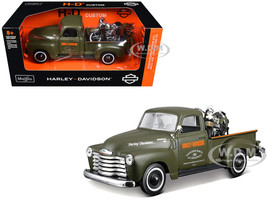 1950 Chevrolet 3100 Pickup Truck Harley Davidson Matt Green with 1936 Harley Davidson El Knucklehead Motorcycle Matt Green HD Custom Series 1/24 Diecast Model Car Maisto 32199GRN
