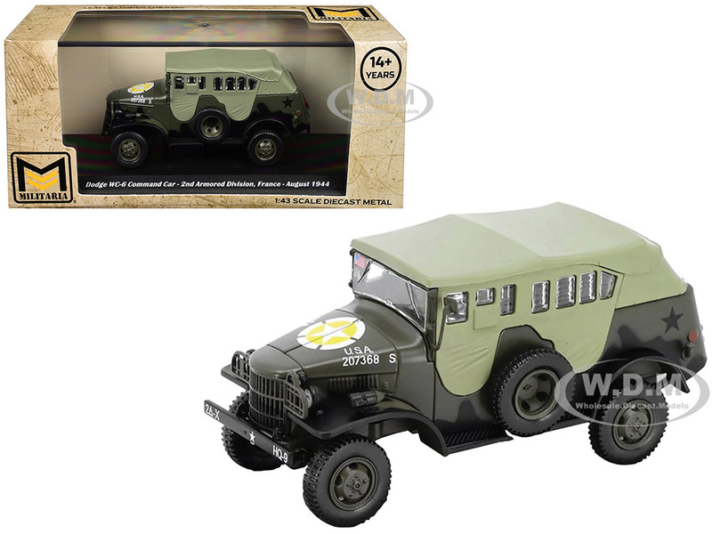 Dodge WC 6 Command Car with Canvas Top Olive Drab 2nd Armored Division France 1944 United States Army 1/43 Diecast Model Militaria Die Cast 24219-44