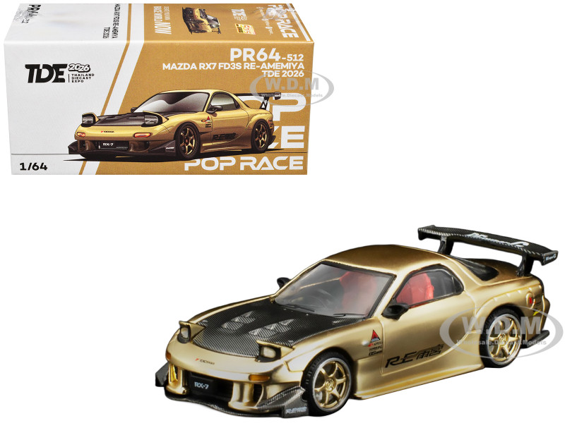 Mazda RX7 FD3S RE Amemiya RHD Right Hand Drive Gold Metallic with Carbon Hood Thailand Diecast Expo 2026 1/64 Diecast Model Car Pop Race PR640512