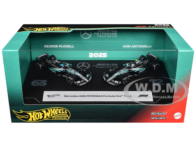 Mercedes AMG Petronas Formula One Team Formula One F1 World Championship 2025 2 Piece Set Diecast Model Cars Hot Wheels JMM93