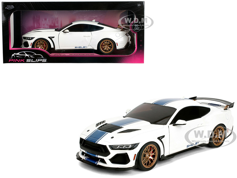 Ford Mustang Shelby Super Snake White Metallic with Blue Stripes and Gold Wheels Pink Slips Series 1/18 Diecast Model Car Jada 36470