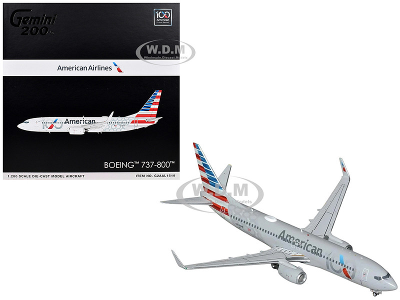 Boeing 737 800 Commercial Aircraft American Airlines 100th Anniversary 2026 N840NN Gray with Tail Stripes Gemini 200 Series 1/200 Diecast Model Airplane GeminiJets G2AAL1519