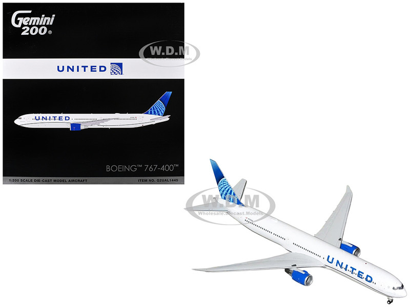 Boeing 767 400 Commercial Aircraft United Airlines N76064 White with Blue Tail Graphics Gemini 200 Series 1/200 Diecast Model Airplane GeminiJets G2UAL1445