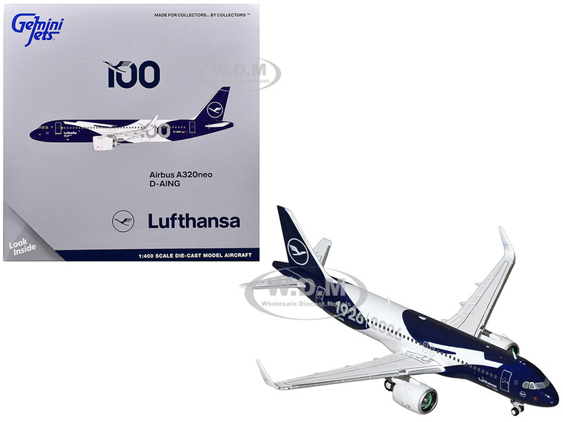 Airbus A320neo Commercial Aircraft Lufthansa 100th Anniversary D AING White and Dark Blue 1/400 Diecast Model Airplane GeminiJets GJDLH2413