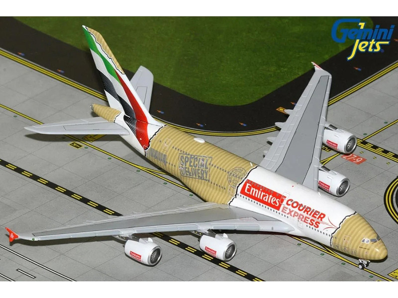 Airbus A380 800 Commercial Aircraft Emirates Courier Express A6 EET White with Tail Stripes and Package Graphics 1/400 Diecast Model Airplane GeminiJets GJUAE2384