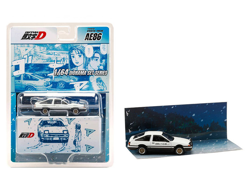 Toyota Sprinter Trueno AE86 RHD Right Hand Drive White with Black Stripes Takumi Fujiwara & Natsuki Mogi Initial D 1995 2013 Manga Diorama Set Series 1/64 Diecast Model Car Hobby Japan HJDMD001F