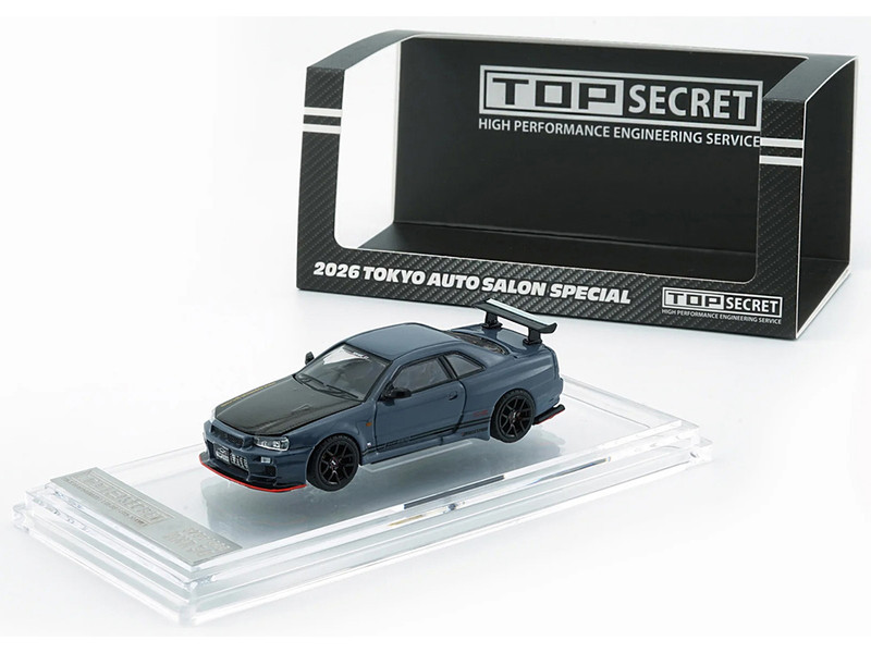 Nissan Top Secret Skyline GT R BNR34 RHD Right Hand Drive Stealth Gray with Carbon Hood Tokyo Auto Salon 2026 1/64 Diecast Model Car BM Creations 64B0498