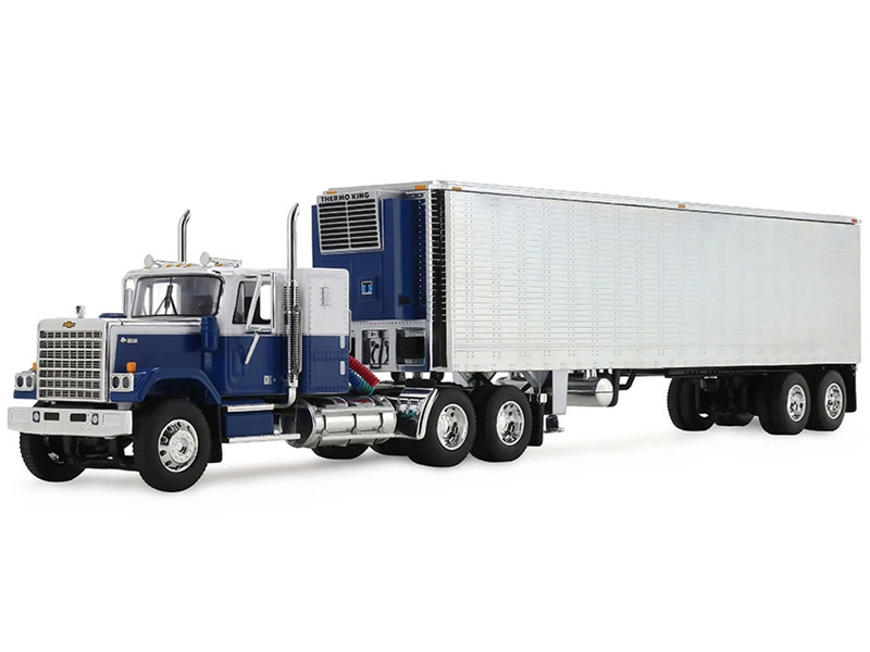 Chevrolet Bison with 34 Flat Top Sleeper & 40 Vintage Trailer with Reefer Blue and White 1/64 Diecast Model DCP/First Gear 60-2345