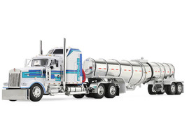 Kenworth W900L with 60 Aerodyne Sleeper and Polar Deep Drop Trailer White with Blue and Green Stripes 1/64 Diecast Model DCP/First Gear 60-2353