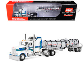 Kenworth W900L with 60 Aerodyne Sleeper and Polar Deep Drop Trailer White with Blue and Green Stripes 1/64 Diecast Model DCP/First Gear 60-2353