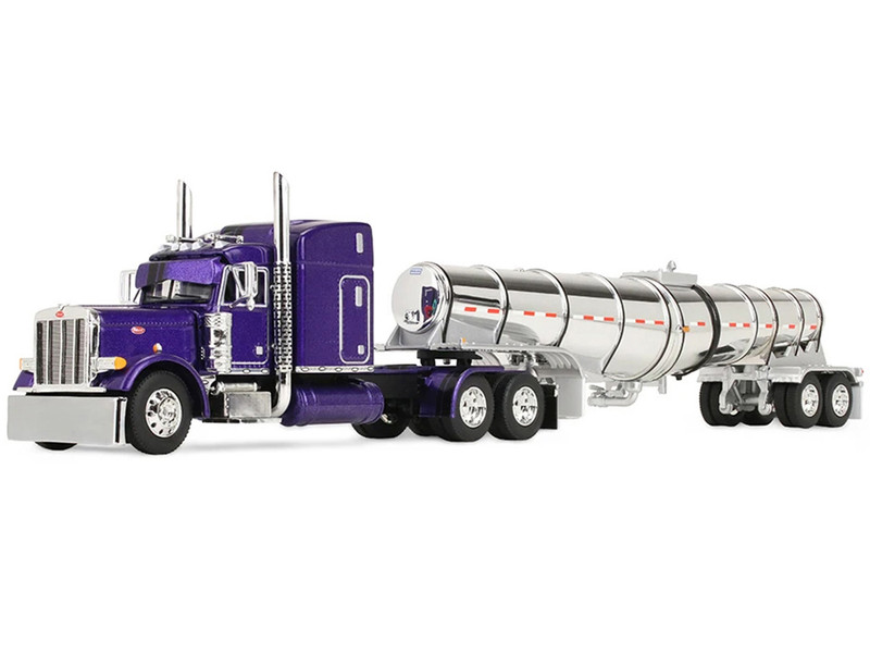 Peterbilt 379 with 63 Mid Roof Sleeper and Polar Deep Drop Trailer Wild Orchid Purple with Black Stripes 1/64 Diecast Model DCP/First Gear 60-2354