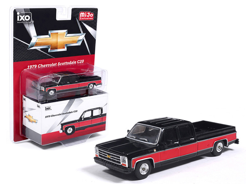 1979 Chevrolet Scottsdale C20 Crew Cab Pickup Truck Black with Red Side Stripes Limited Edition 1/64 Diecast Model Car IXO Models IAPR1015