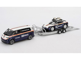 Porsche 911 Dakar #718 Blue and White with Roof Rack and Volkswagen ID Buzz Blue and White with Flatbed Trailer Porsche Centrum Gelderland Roughroads Set of 3 pieces Limited Edition 1/64 Diecast Model Car Mini GT MGTS0019