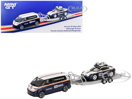 Porsche 911 Dakar #718 Blue and White with Roof Rack and Volkswagen ID Buzz Blue and White with Flatbed Trailer Porsche Centrum Gelderland Roughroads Set of 3 pieces Limited Edition 1/64 Diecast Model Car Mini GT MGTS0019