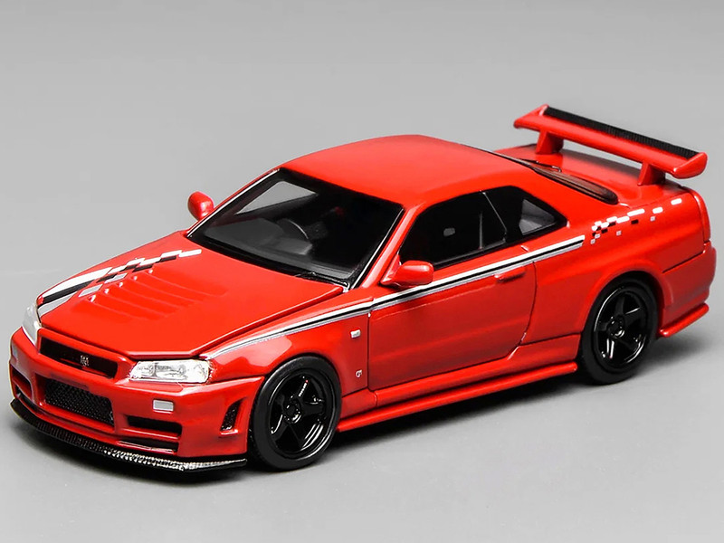 Nissan Skyline GT R R34 Nismo RHD Right Hand Drive Custom Red with Stripes Senior 64 Series 1/64 Diecast Model Car MotorHelix M63420