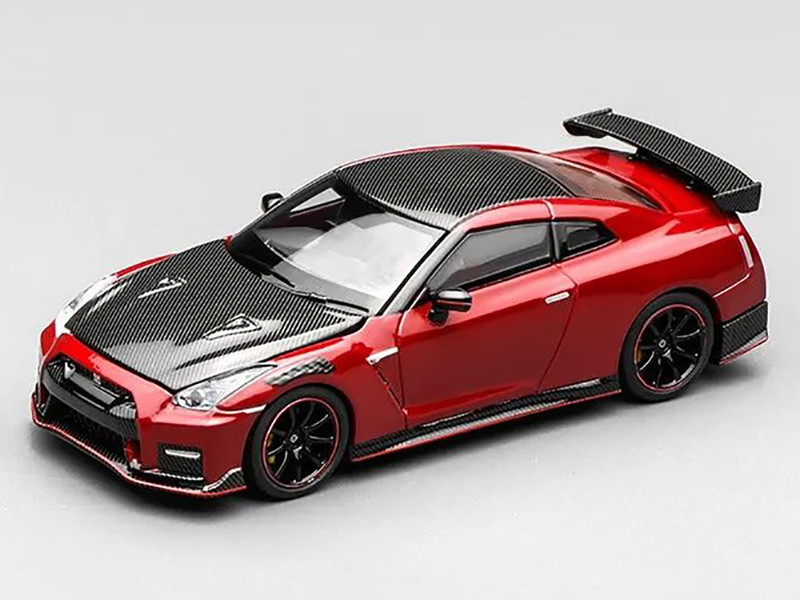 2022 Nissan GT R Nismo R35 RHD Right Hand Drive Vibrant Red with Carbon Hood and Top Senior 64 Series 1/64 Diecast Model Car MotorHelix M63522