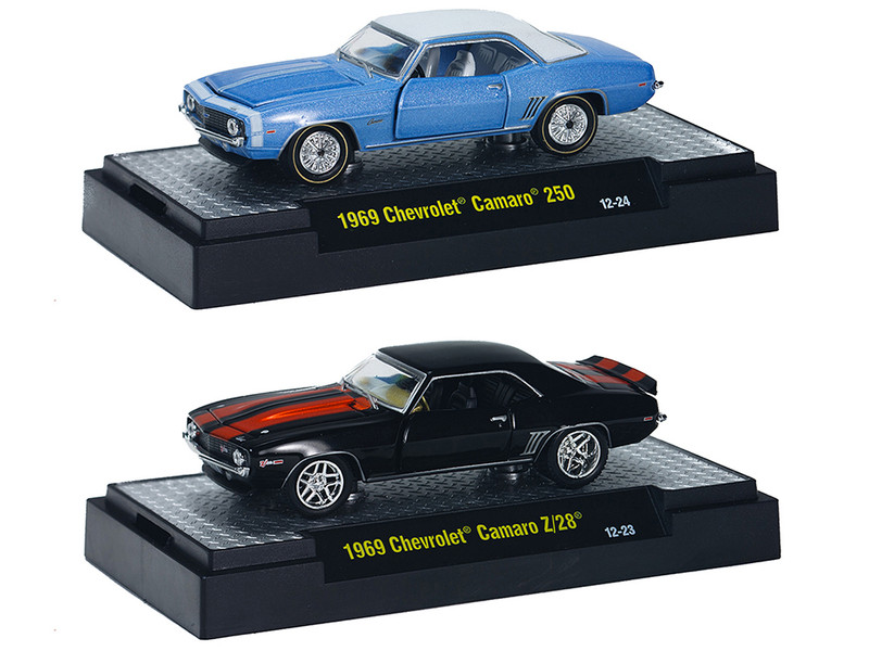 1969 Chevrolet Camaro Z/28 Black 1969 Chevrolet Camaro 250 Blue Set of 2 pieces 1/64 Diecast Model Cars M2 Machines 32600-DC02B