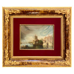 Antique Dutch Framed Harbor Scene Painting, Goache Watercolor on Card, Circa 1860-1870.