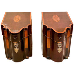 Pair of Antique English Mahogany Sheraton Knife Boxes with Satinwood Inlay and Sterling Silver Mounts, Circa 1860.