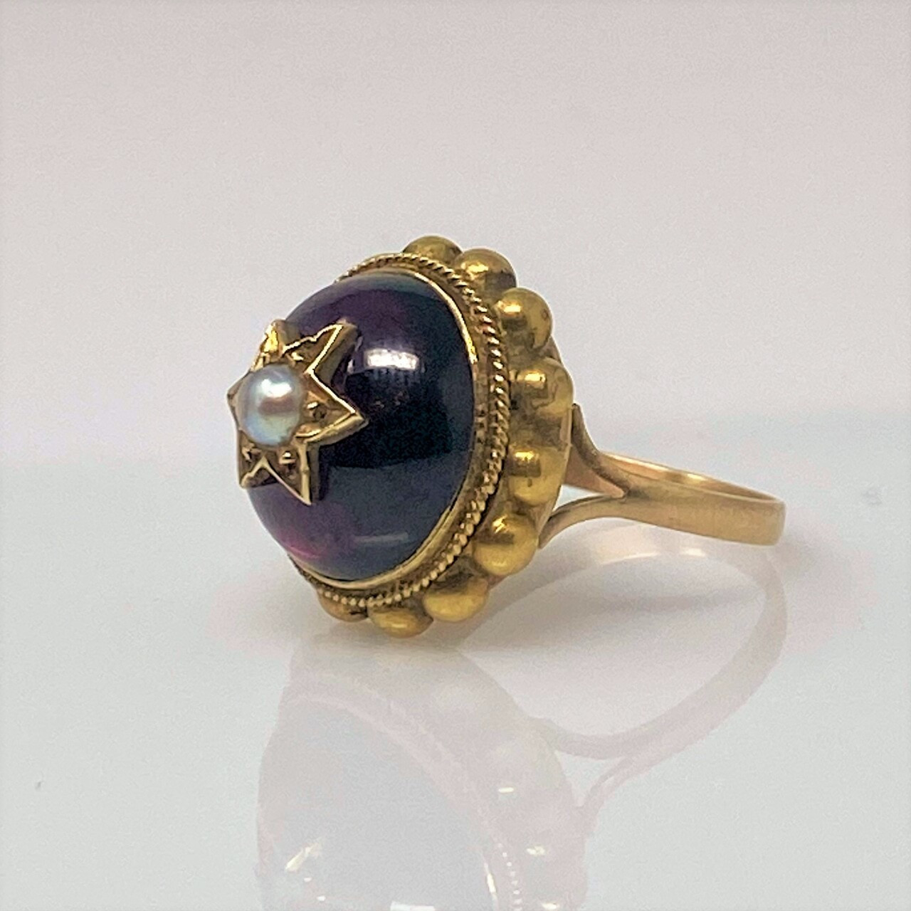 Antique English Victorian 15 Karat Gold Cabochon Garnet and Pearl Ring -  Moss Antiques