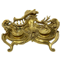 Fine Antique French Gold Bronze Louis XV Style Inkwell, Circa 1880-1890.