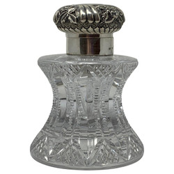 Fine Antique English Edwardian Hallmarked Cut Crystal and Sterling Silver Inkwell, Circa 1900's 