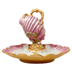 Exquisite Antique Spanish Art Nouveau Style "Charles Pickman, Seville" Hand-Painted Pink and Gold Porcelain Figural Shell Water Pitcher and Basin, Circa 1860's-1870's.