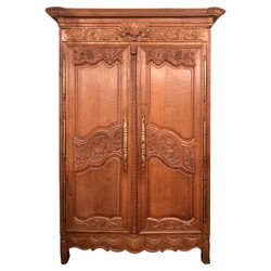 Antique French Provincial Carved Elm 2 Door Armoire With Original Brass Hardware and Fitted Interior, Circa 1890's.
