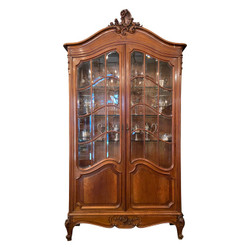Antique French Louis XV Style Carved Walnut and Beveled Glass Two Door Display Cabinet, Circa 1880's.